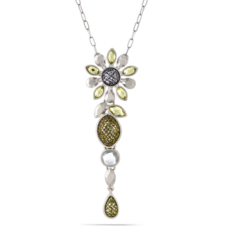 Silver-Tone Matte Finished Metal White And Yellow Crystal Necklace 