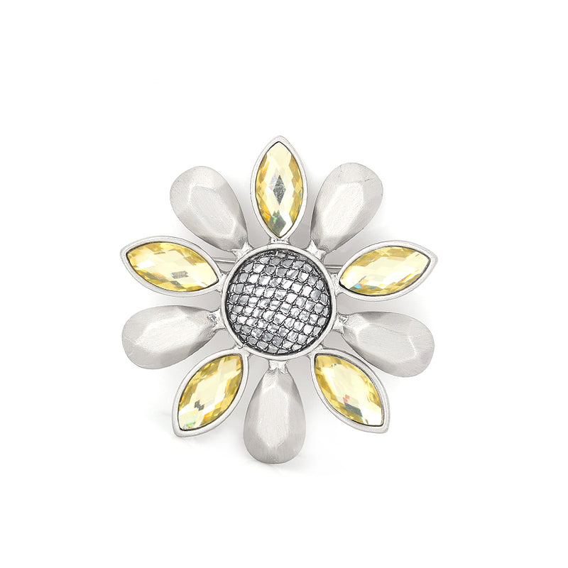 Silver-Tone Matte Finished Metal Yellow And Grey Crystal Brooches Pin