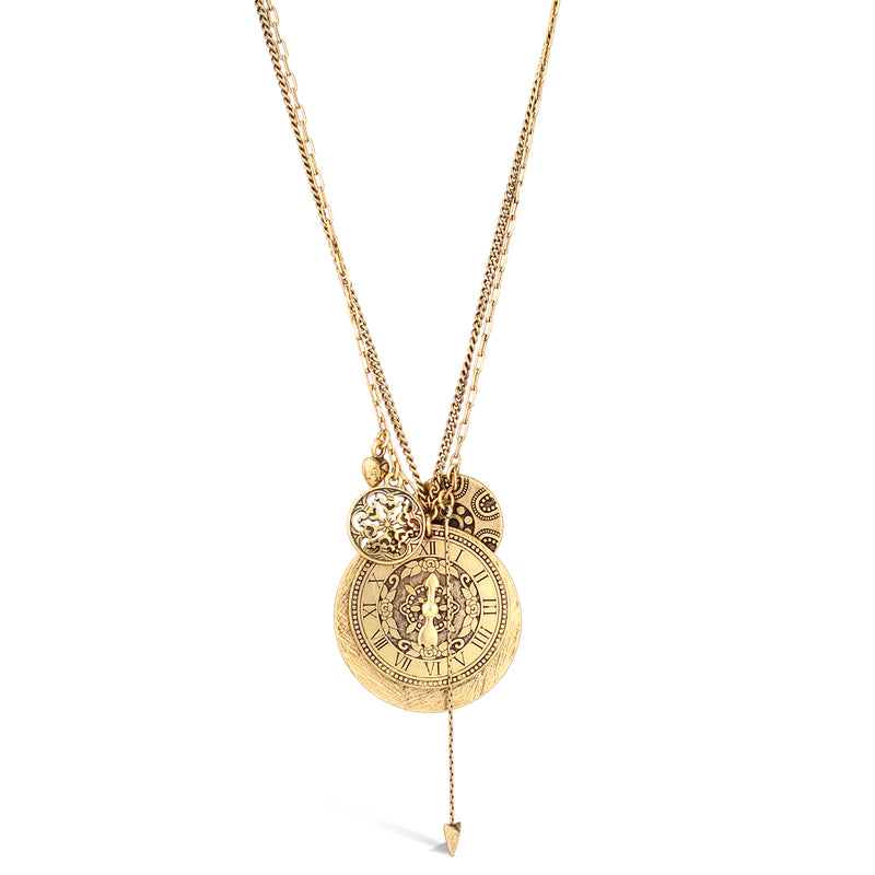 Gold Oxide-Tone Clock Pendant Charm Necklace