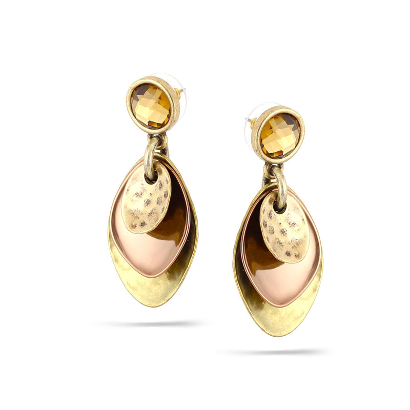 Gold/Rose Gold-Tone Metal Yellow Faceted Stone Drop Earrings