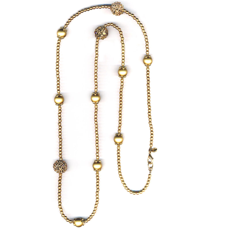 Gold Beads And Gold Crystal Long Necklace