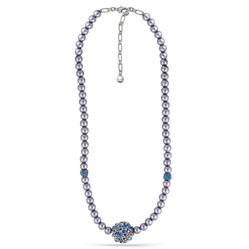 Rhodium -Tone Metal Grey Pearl And Blue Crystal Pave Ball Nec Klace