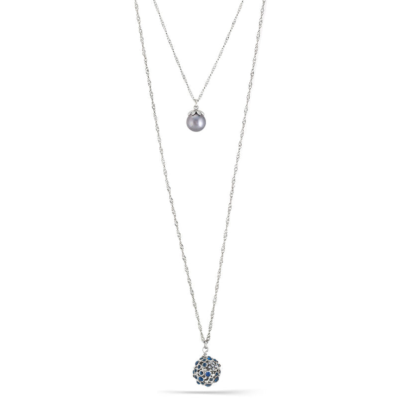 Rhodium-Tone Metal Chain Grey Pearl And Blue Crystal Pearl Pave Ball Layer Necklace