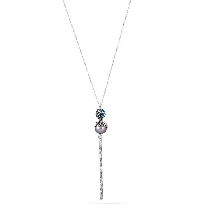 Rhodium-Tone Metal Grey Pearl And Blue Crystal Tassel Necklace