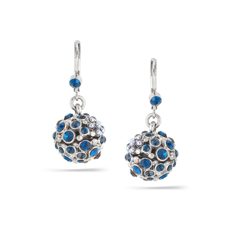 Silver-Tone Metal Blue Crystal Pave Ball Drop Earrings