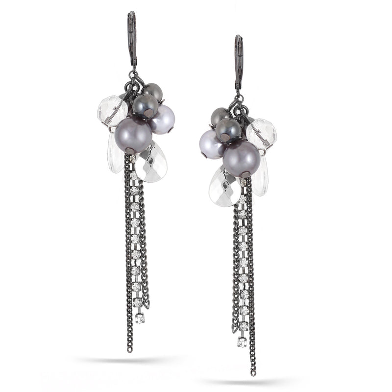 Hematite -Tone Metal Grey Pearl And White Crystal Drop Earrings