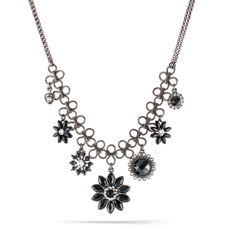 Hematite-Tone Metal Black Faceted Stone And White Crystal Drop Necklace