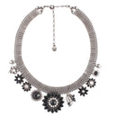 Hematite-Tone Metal Black And White Crystal Flower Necklace