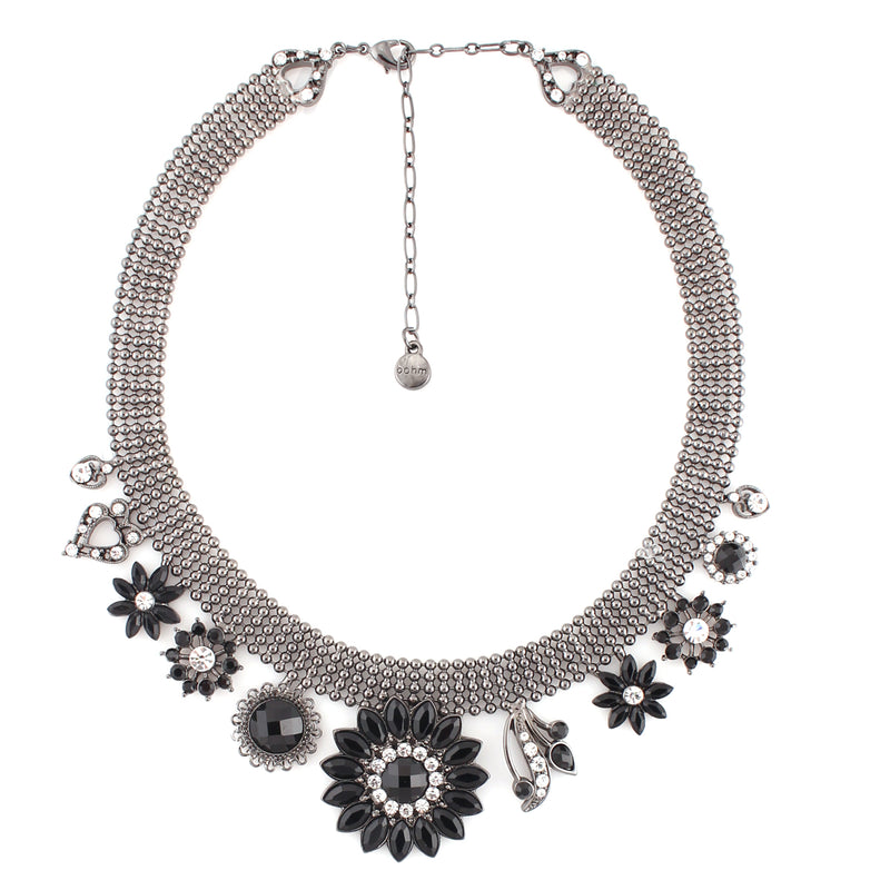 Hematite-Tone Metal Black And White Crystal Flower Necklace