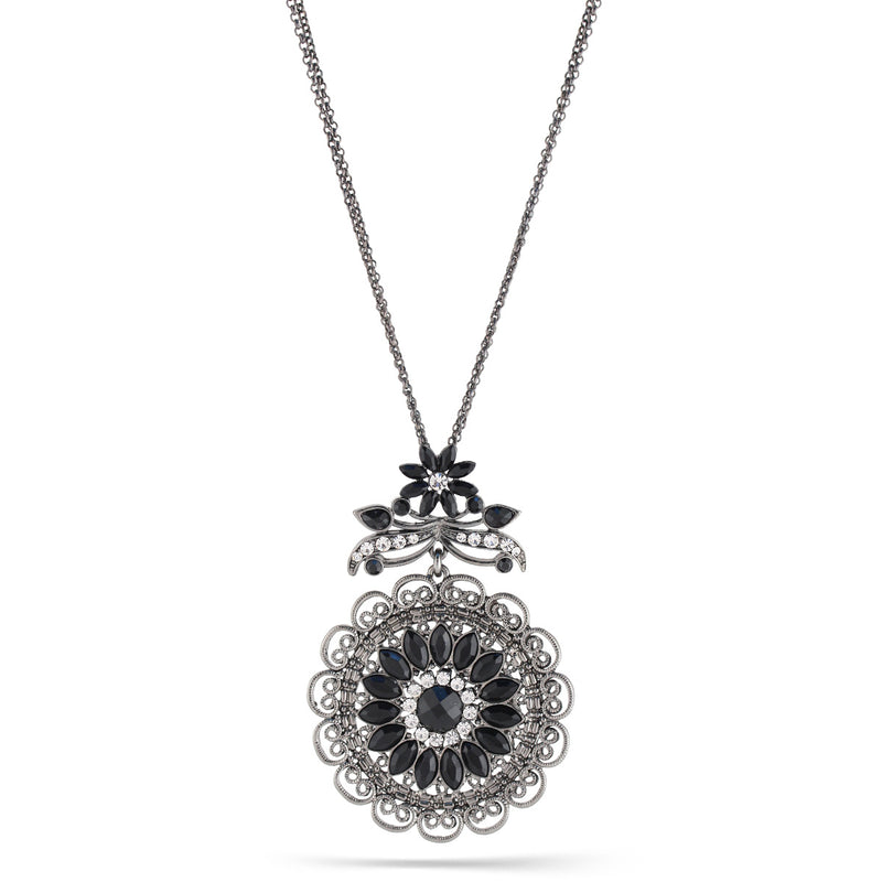 Hematite-Tone Metal Filigreeblack And White Crystal Flower Necklace