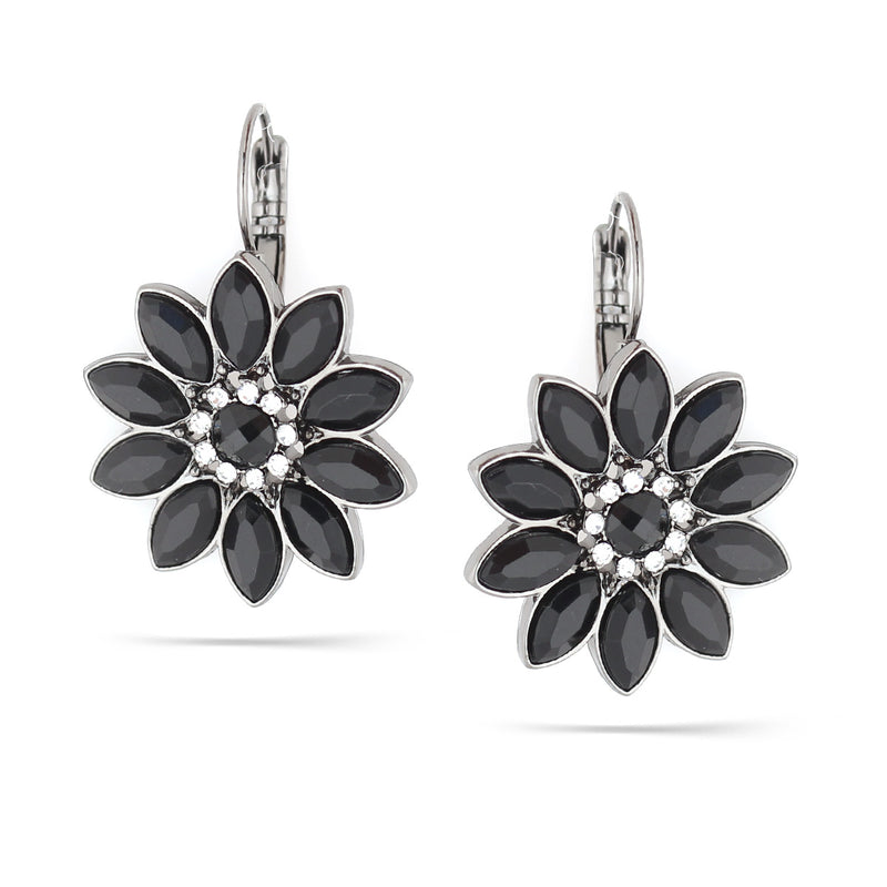 Hematite-Tone Metal Black And White Crystal Flower Earrings