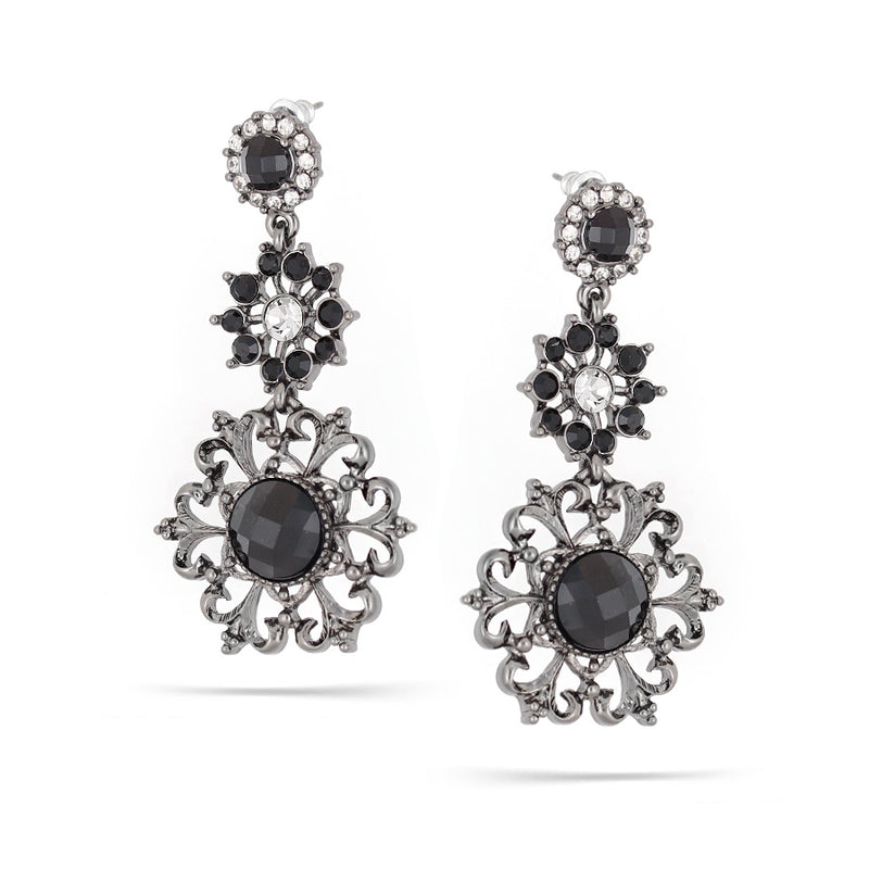 Hematite-Tone Metal Black Faceted Stone And White Crystal Drop Stud Earrings