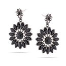 Hematite-Tone Metal Black And White Crystal Flower Earrings