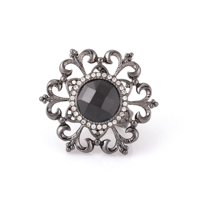 Hematite-Tone Metal Balck And White Filigree Adjustable To Fit All Sizes Ring