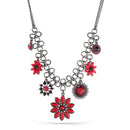 Hematite -Tone Metal Red Crystal Flower Charm Necklace