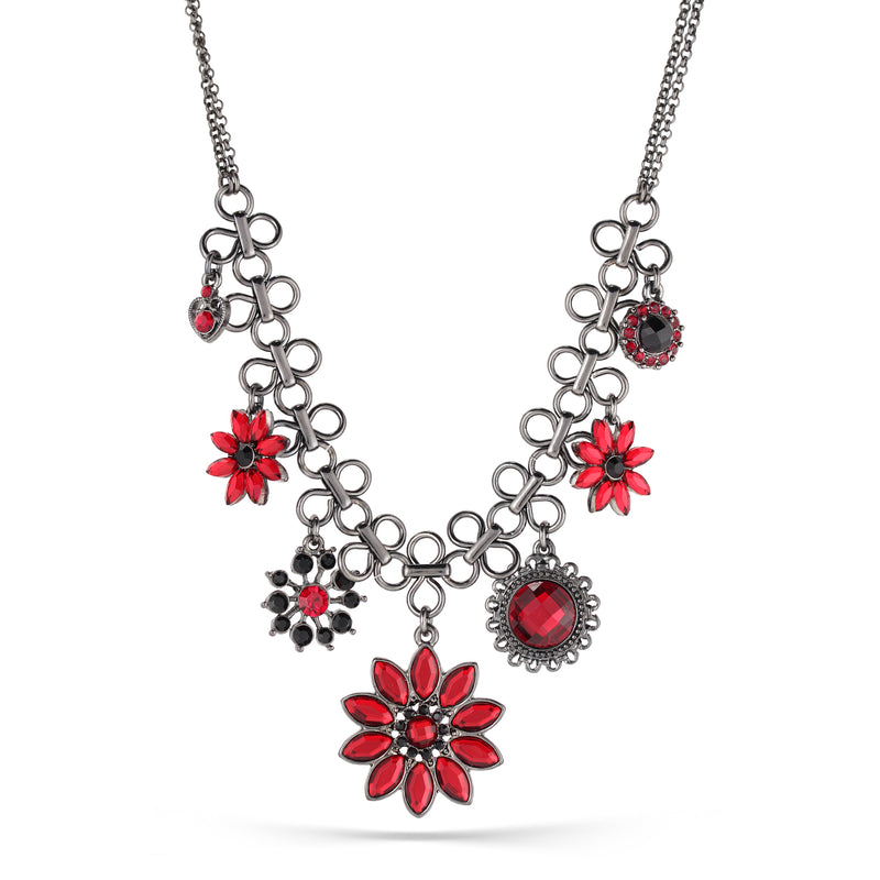 Hematite -Tone Metal Red Crystal Flower Charm Necklace