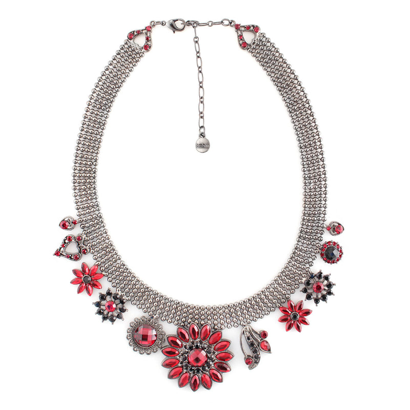 Hematite-Tone Metal Red Crystal Flower Charm Necklace
