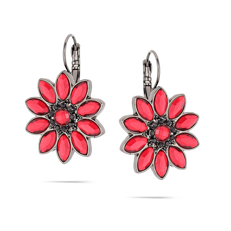 Hematite-Tone Metal Red Crystal Flower Earrings