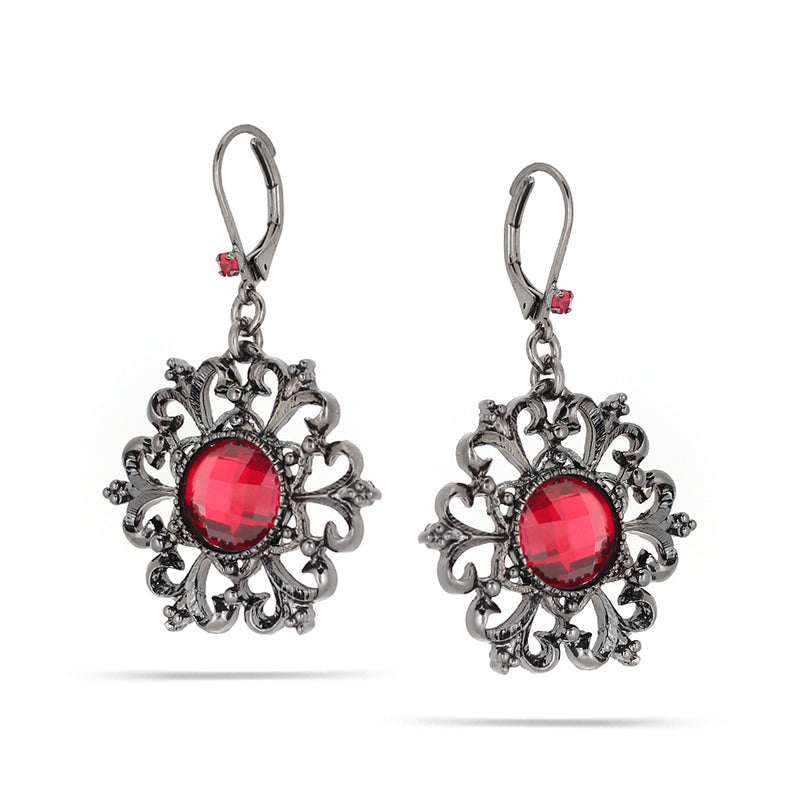 Hematite-Tone Metal Red Crystal Filigree Earrings