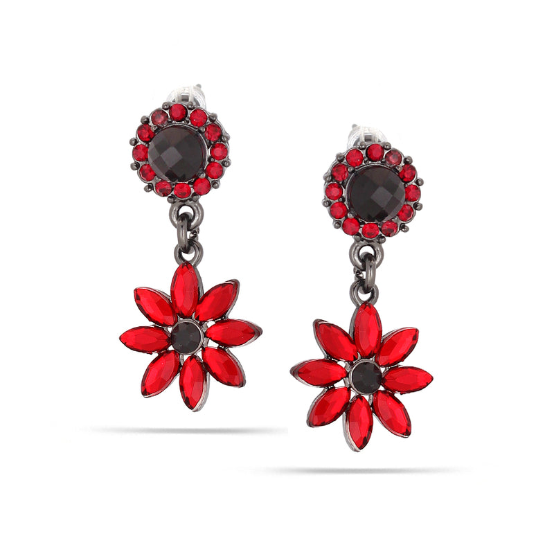 Hematite-Tone Metal Black And Red Crystal Flower Earrings