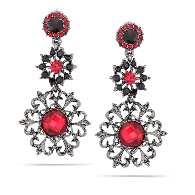 Hematite-Tone Metal Black And Red Crystal Filigree Earrings
