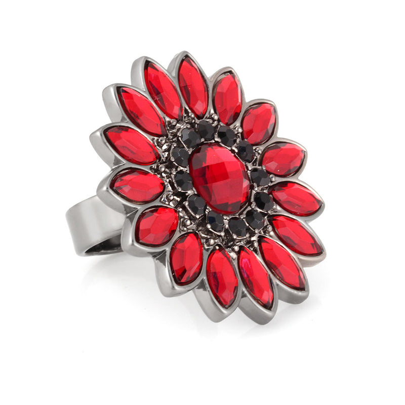 Hematite -Tone Metal Red And Black Crystal Adjustable To Fit All Sizes Ring