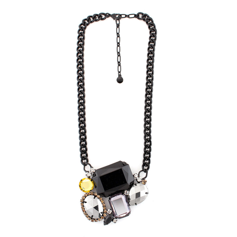 Black-Tone Metal Black Yellow And Hematite Faceted Stone Necklace