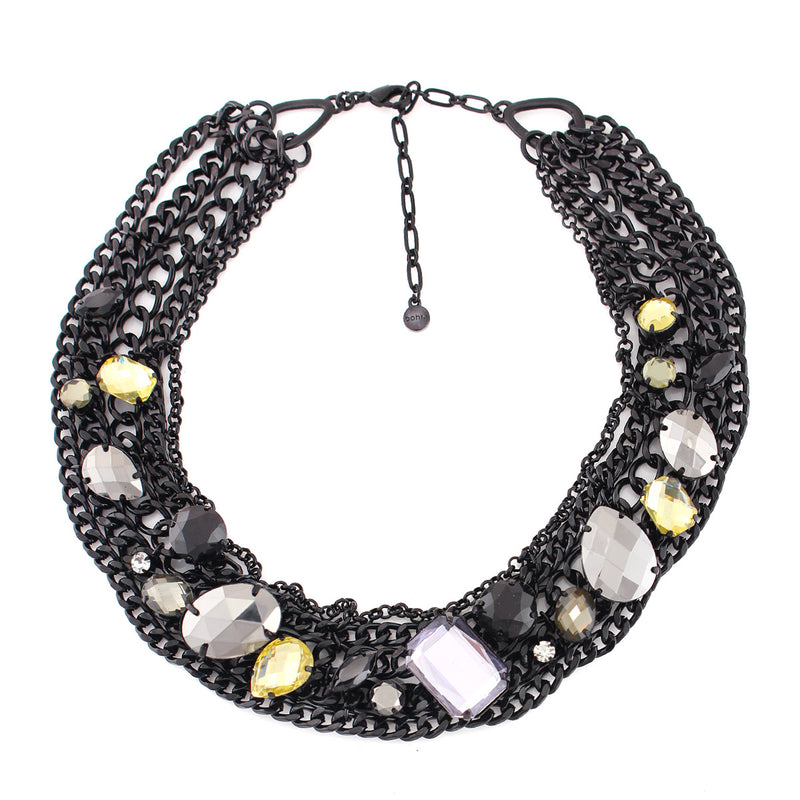 Black-Tone Metal Chain Multi Color Crystal Necklace