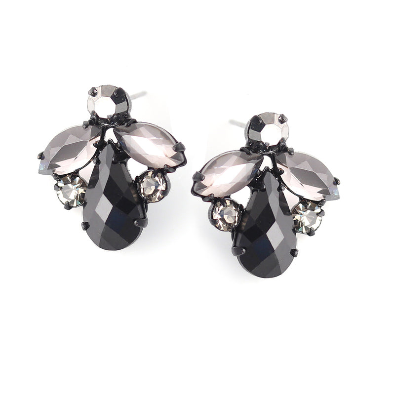Black-Tone Metal Black And Smokey Faceted Stone Stud Earrings
