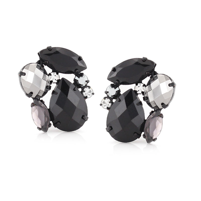 Black-Tone Metal Black And Hematite Faceted Stone Stud Earrings