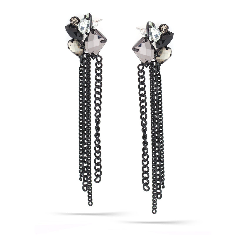 Black-Tone Metal Black  Hematite And White Faceted Stone Stud Tassel Earrings