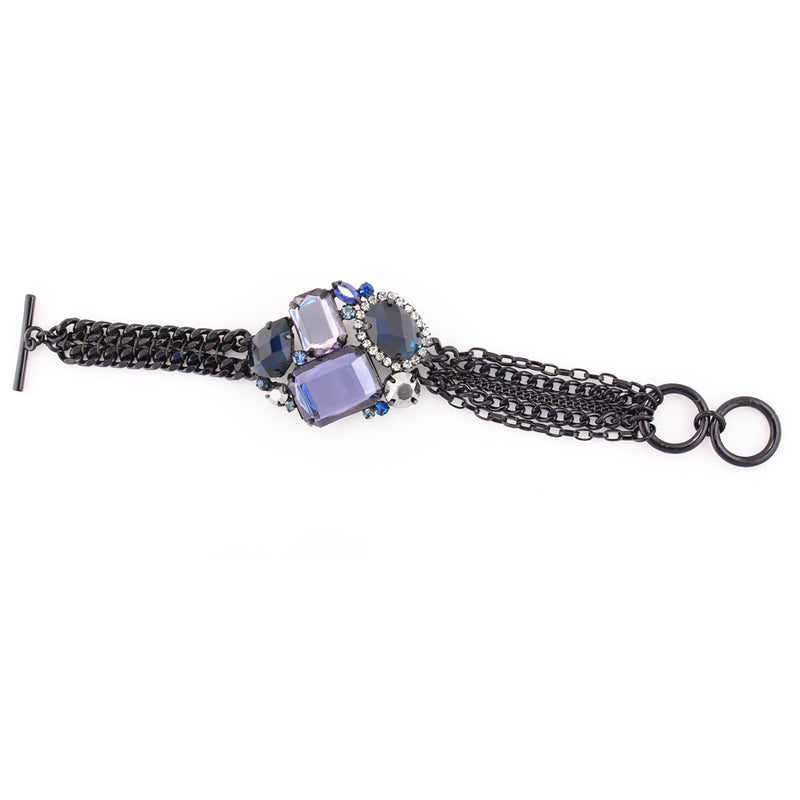 Black-Tone Metal Chain Blue And White Crystal Wrap Around Bracelets