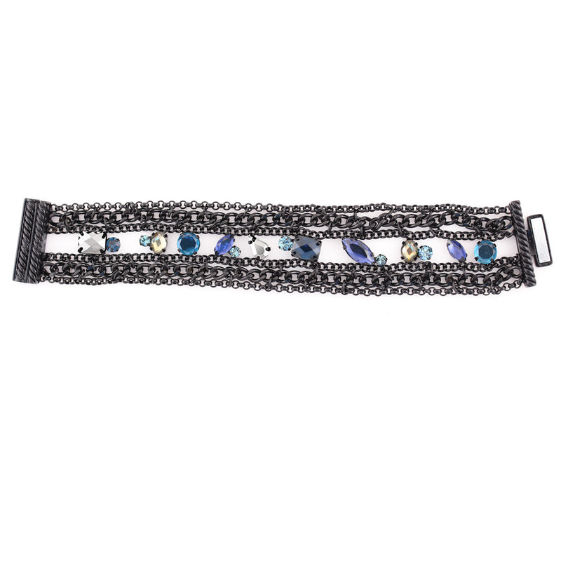 Black-Tone Metal Chain Blue Crystal Wrap Around Magnetic Clasp Bracelets