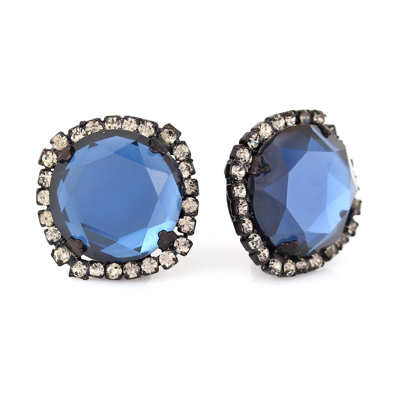 Black-Tone Metal Blue And White Crystal Clip Earrings