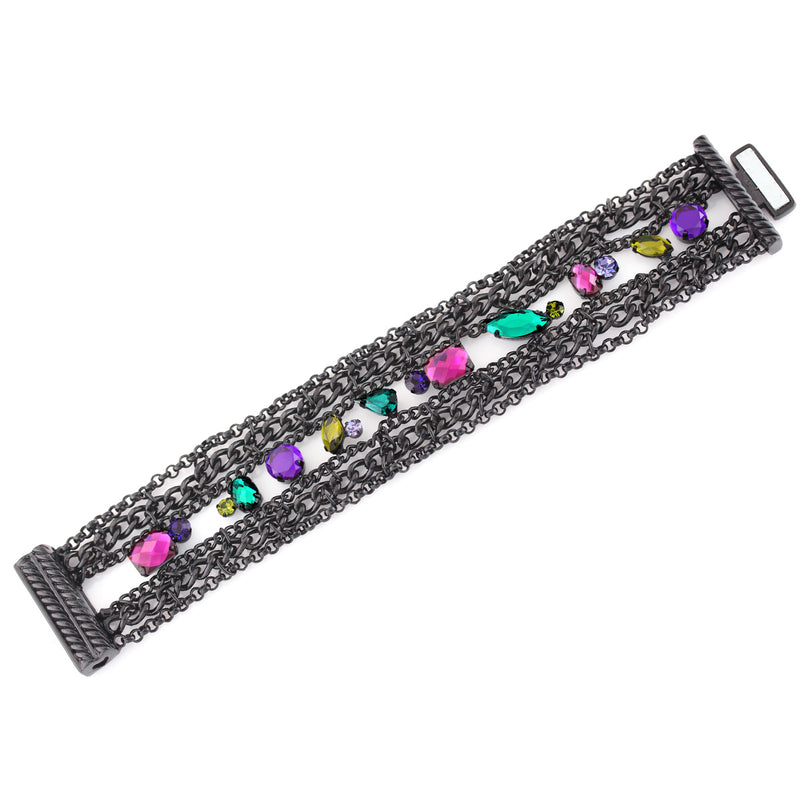 Black-Tone Metal Chain Multi Color Crystal Wrap Around Magnetic Clasp Bracelets