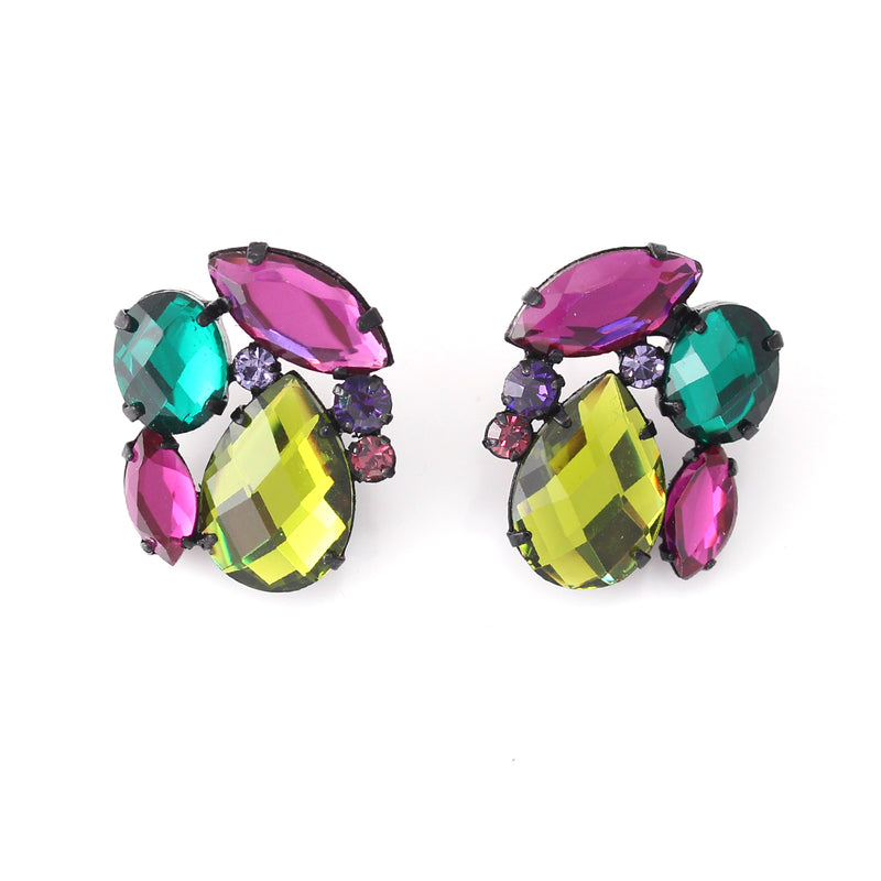 Black-Tone Metal Multi Color Faceted Stone Stud Earrings