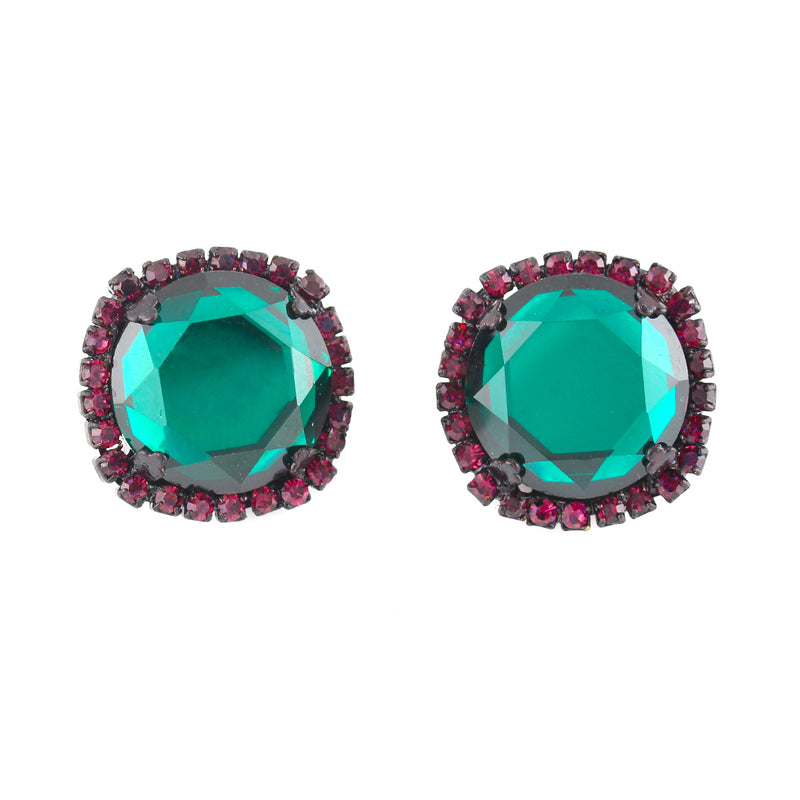 Black-Tone Metal Green Faceted Stone Stud Earrings