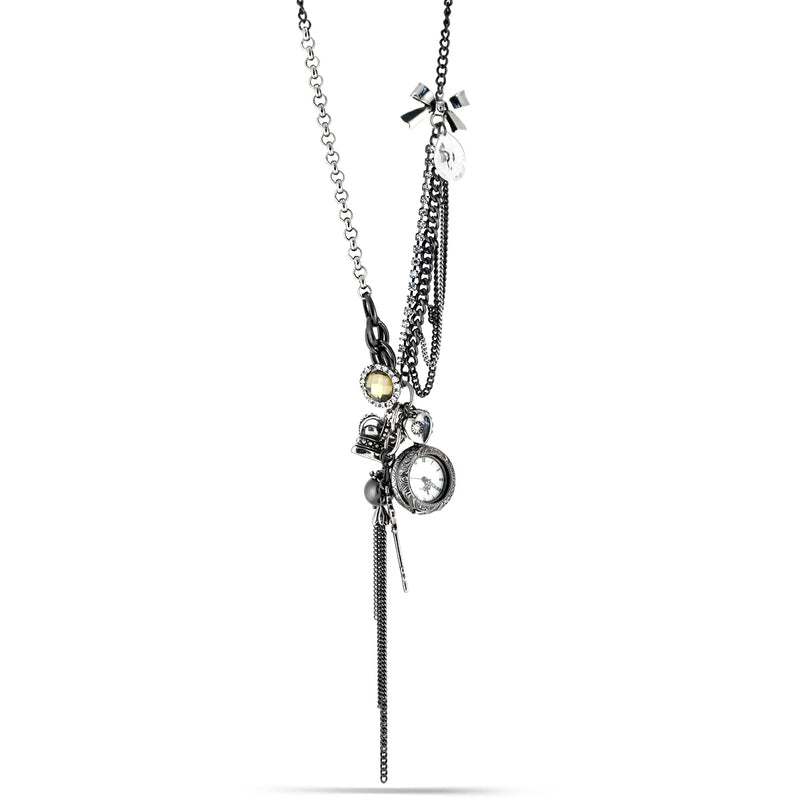 Rhodium-Tone Metal Clock And Mix Charm Tassel Necklace