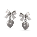 Hemtite-Tone Metal Heart And Bow Crystal Stud Earrings