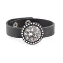 Black-Silver-Tone Metal Flower Embosed Crystal Black Strap Buckle Bracelets