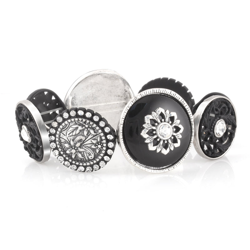 Blak-Silver-Tone Metal And White Crystal Stretch Bracelets
