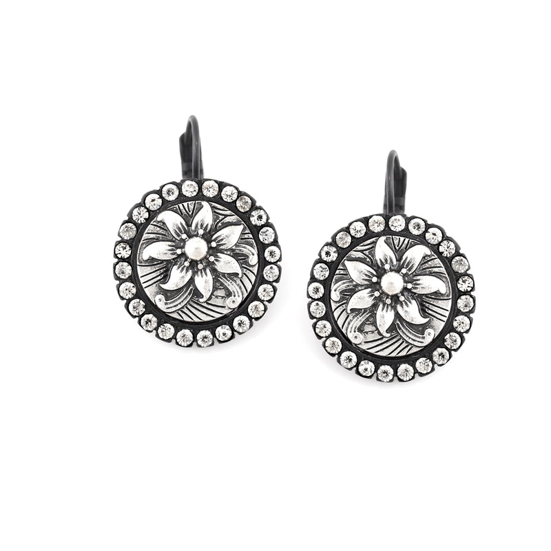 Black-Silver-Tone Metal Flower Embosed Crystal French Clasp Earrings