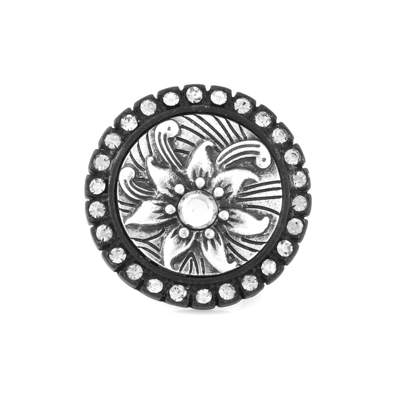Black-Silver-Tone Metal Flower Embosed Crystal Adjustable Frings