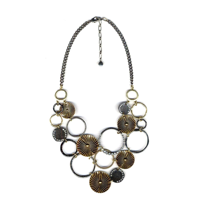 Gold-Silver-Hematite-Tone Metal White Crystal Necklace
