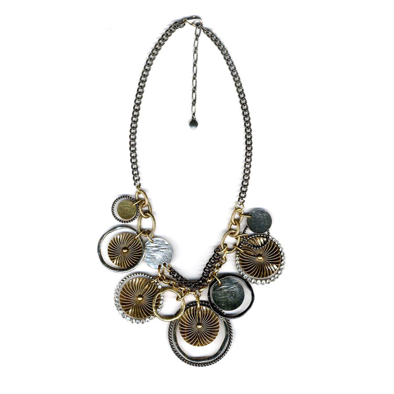 Gold-Silver-Hematite-Tone Metal White Crystal Necklace
