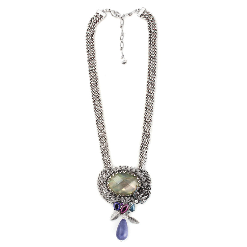 Rhodium-Tone Metal Blue And Green Crystal Necklace