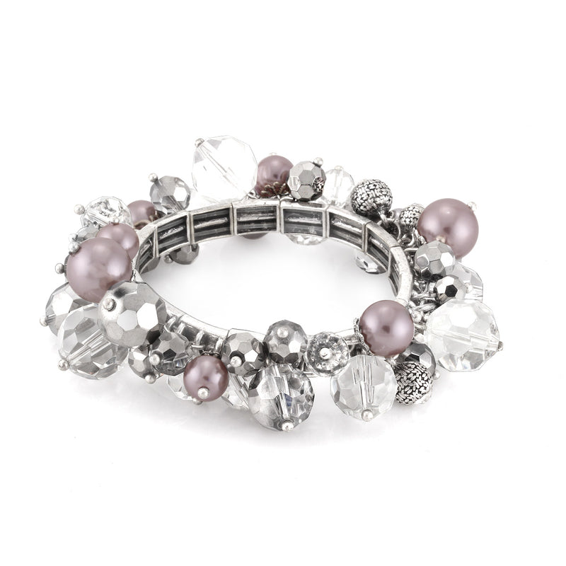 Silver-Tone Metal Grey Pearl And White Crystal Stretch Bracelets