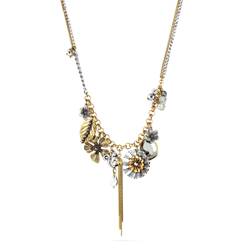 Gold-Silver-Tone Metal Flower And Leaf Crystal Necklace
