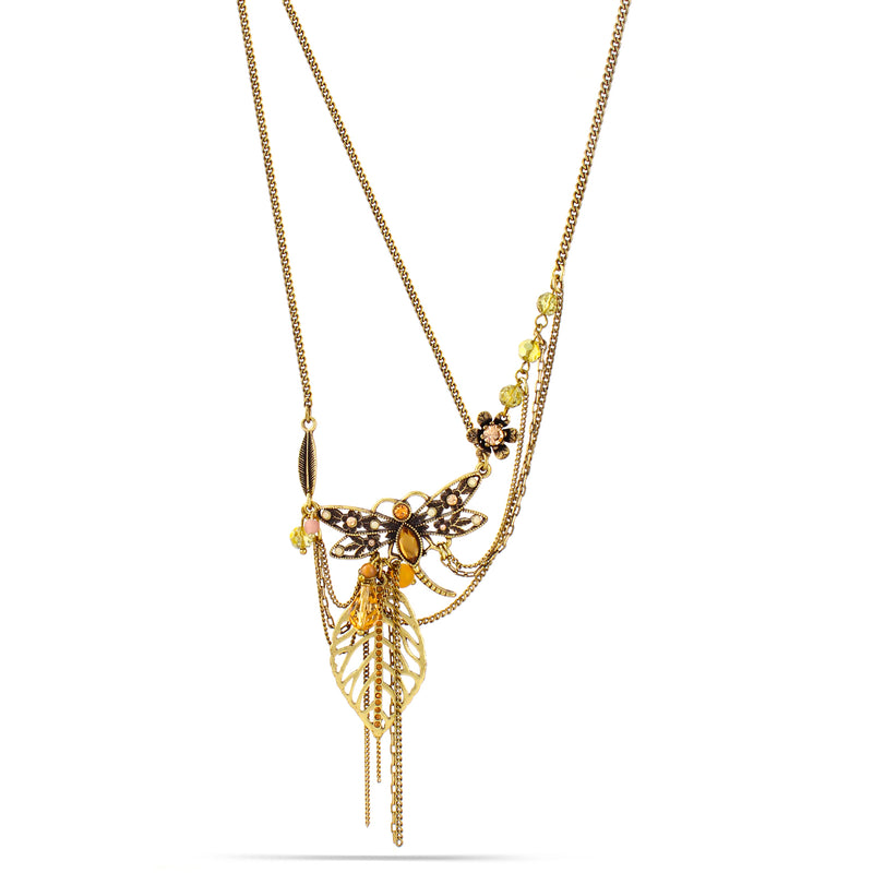 Gold-Tone Metal Orange Crystal Dragonfly Necklace