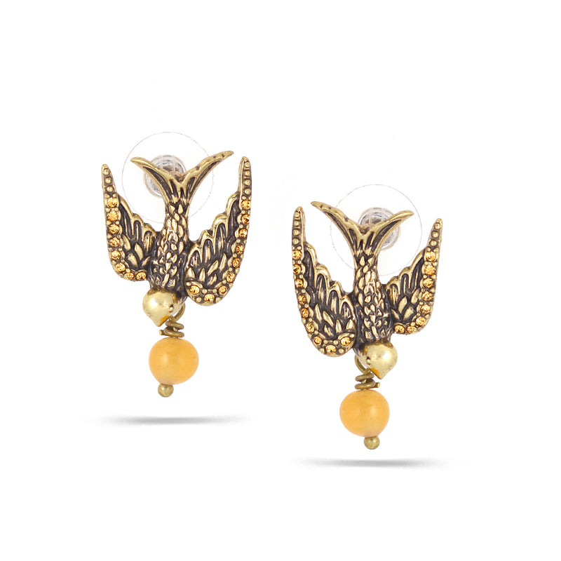 Gold-Tone Metal Orange Crystal Bird Earrings